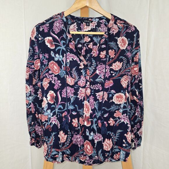 Lucky Brand Womens Floral Popover Blouse Top Size XS Long Sleeve Keyhole Neck - Picture 1 of 2